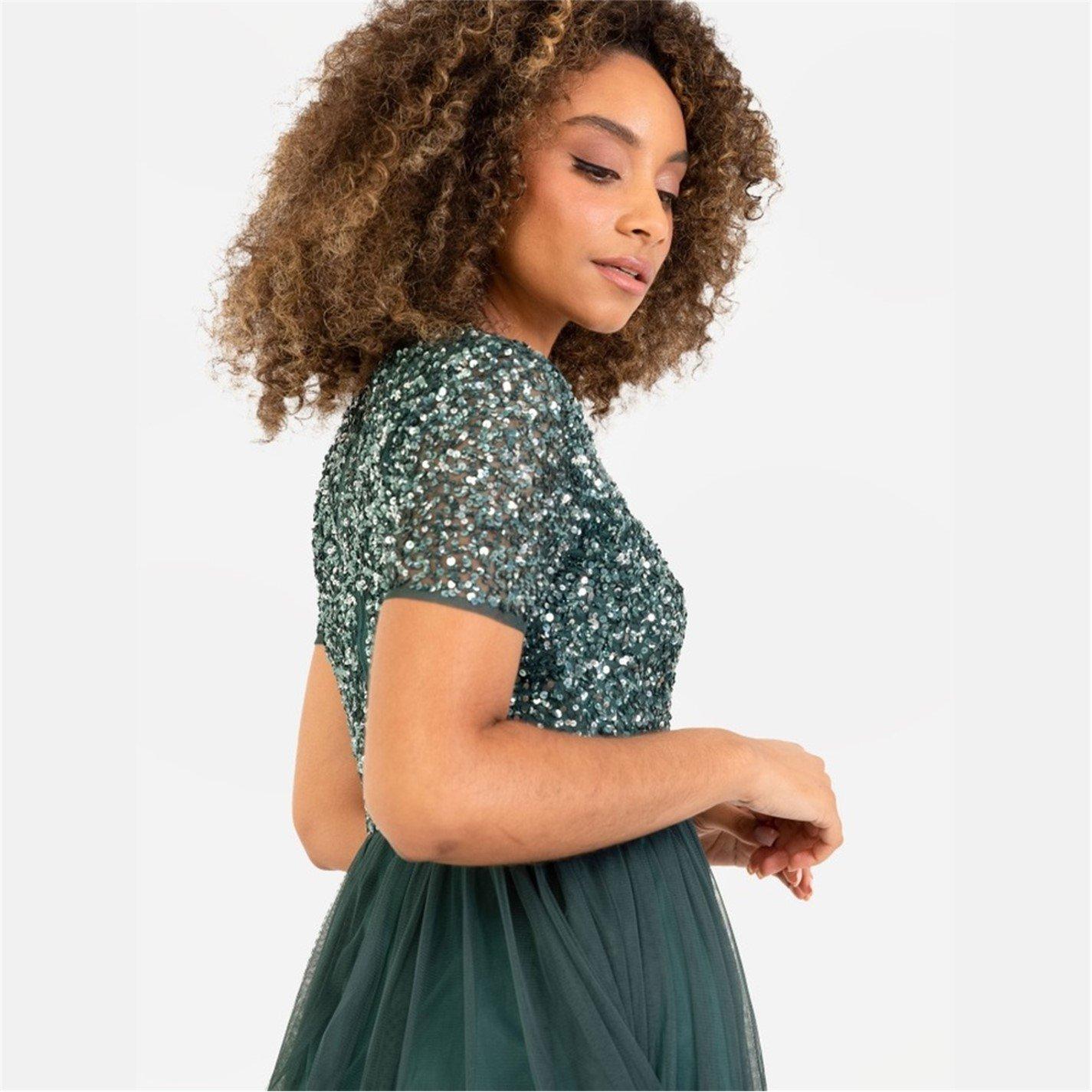 Maya Deluxe Maya Emerald V Neckline Embellished Midi Dress