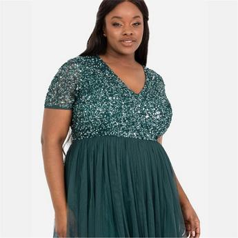Maya Emerald V Neckline Embellished Midi Dress